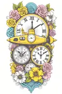 yellow submarine with colorful flowers and clock and rainbow  tattoo design idea