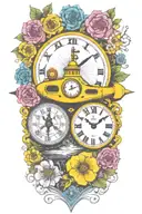 yellow submarine with colorful flowers and clock and rainbow  tattoo design idea