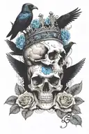 skull wearing crown with raven on headand blue roses intertwined tattoo design idea