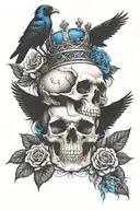 skull wearing crown with raven on headand blue roses intertwined tattoo design idea