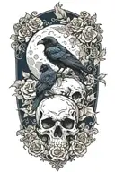 moon and raven perched on a skull with blue roses  tattoo design idea