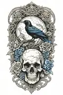 moon and raven perched on a skull with blue roses  tattoo design idea