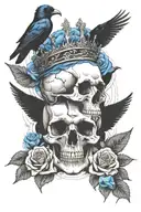 skull wearing crown with raven on headand blue roses intertwined tattoo design idea