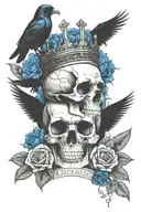 skull wearing crown with raven on headand blue roses intertwined tattoo design idea