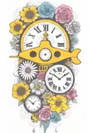 yellow submarine with colorful flowers and clock and rainbow  tattoo design idea