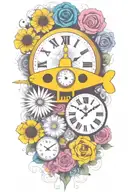 yellow submarine with colorful flowers and clock and rainbow  tattoo design idea