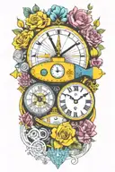 yellow submarine with colorful flowers and clock and rainbow  tattoo design idea