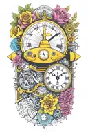 yellow submarine with colorful flowers and clock and rainbow  tattoo design idea