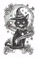 witch cat with moon and stars and colorful mushrooms trippy  tattoo design idea