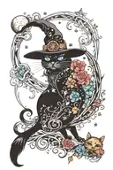 witch cat with moon and stars and colorful mushrooms trippy  tattoo design idea