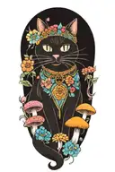 hippie cat with colorful mushrooms  tattoo design idea