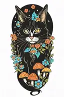 hippie cat with colorful mushrooms  tattoo design idea