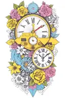 yellow submarine with colorful flowers and clock and rainbow  tattoo design idea