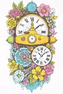 yellow submarine with colorful flowers and clock and rainbow  tattoo design idea