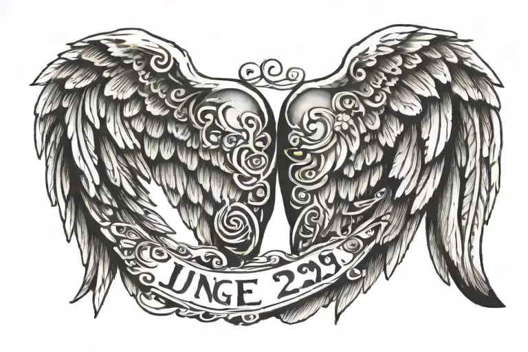 angel wings with the date june 22, 1993. and then youre the greatest thing ive lost underneath tattoo design idea
