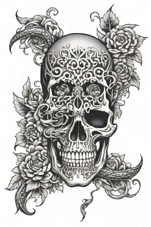 gothic style skull with snake and chrysanthemum flowers tattoo design idea