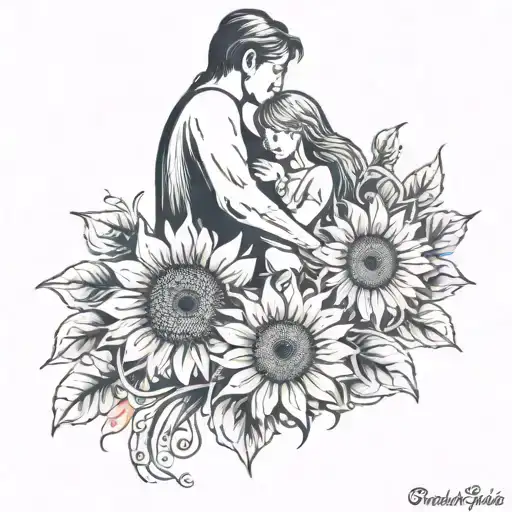 A tattoo of a father and daughter holding hands, surrounded by sunflowers, representing your role as a father and your love for your daughter tattoo design idea