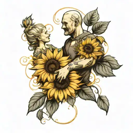 A tattoo of a father and daughter holding hands, surrounded by sunflowers, representing your role as a father and your love for your daughter tattoo design idea