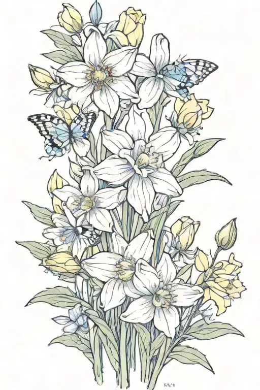 Daffodil, daisy, sweat pea flower, delphinium, water lily, carnation, snow drop, butterflies  tattoo design idea