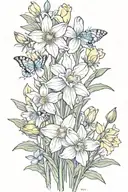 Daffodil, daisy, sweat pea flower, delphinium, water lily, carnation, snow drop, butterflies  tattoo design idea