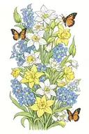 Daffodil, daisy, sweat pea flower, delphinium, water lily, carnation, snow drop, butterflies  tattoo design idea