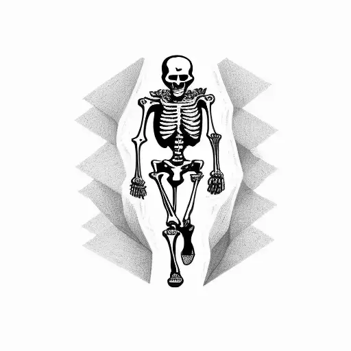 running skeleton with the name Vivian as one rib and Brodie as one rib. the initials LD make the heart tattoo design idea