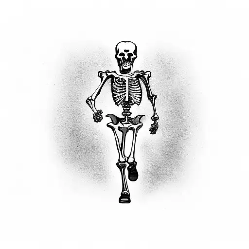 running skeleton with the name Vivian as one rib and Brodie as one rib. the initials LD make the heart tattoo design idea