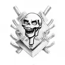 running skeleton with the name Vivian as one rib and Brodie as one rib. the initials LD make the heart tattoo design idea