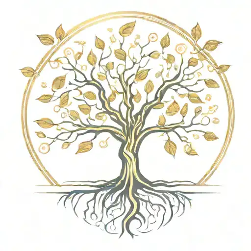 A tree of life with roots that turn into gold bars and leaves that represent coins. In the trunk, there may be tattoo design idea