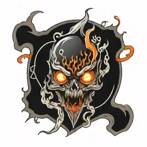a fiery shield filled with dark eyes and eldritch elements tattoo design idea