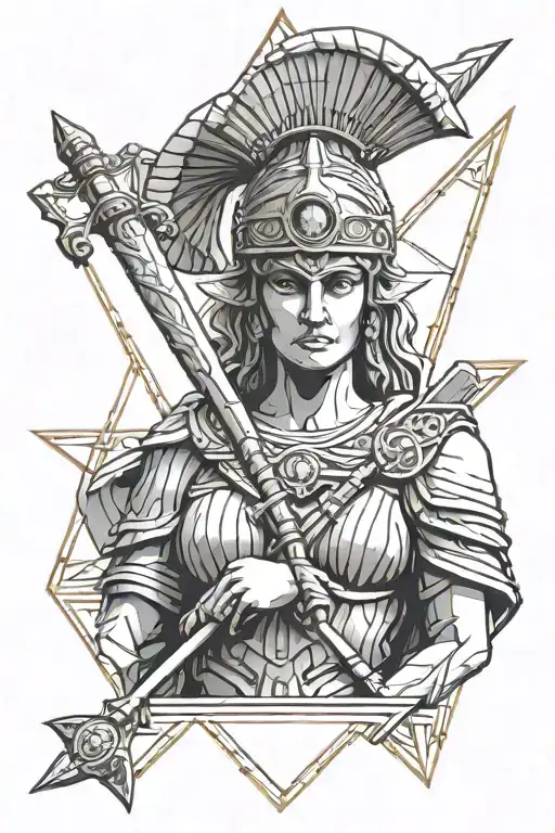 Statue of Athena frontal view in a triangle with swords in hands tattoo design idea