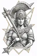 Statue of Athena frontal view in a triangle with swords in hands tattoo design idea