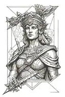 Statue of Athena frontal view in a triangle with swords in hands tattoo design idea