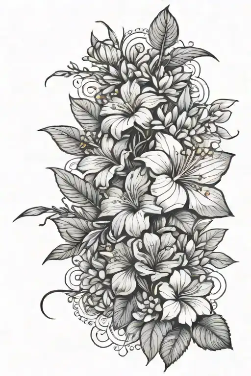 forearm cherry blossom, hibiscus, acacia flower, geranium, azalea flower, cyclamen, poinsettia and stock tattoo design idea
