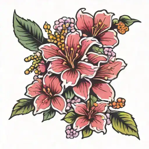 forearm cherry blossom, hibiscus, acacia flower, geranium, azalea flower, cyclamen, poinsettia and stock tattoo design idea
