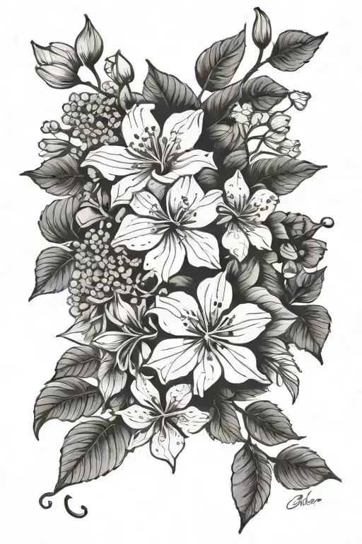 forearm tattoo of cherry blossom, hibiscus, acacia flower, geranium, azalea flower, cyclamen, poinsettia and st tattoo design idea