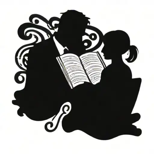 A silhouette of a teacher reading a book with musical notes swirling around them tattoo design idea