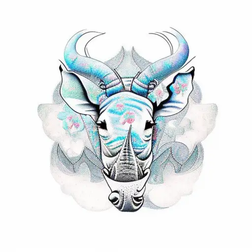 psychedelic rhinoceros and large blue butterfly on the horn tattoo design idea