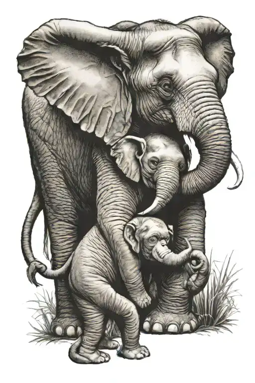 An elephant and monkey hugging 2 daughters tattoo design idea