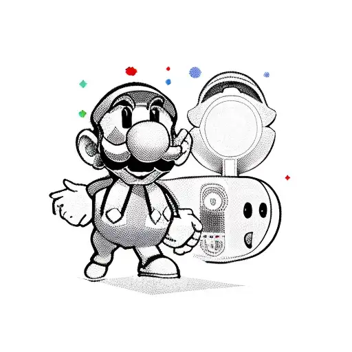 A new-school design of Mario and Kirby exploring a virtual reality world tattoo design idea