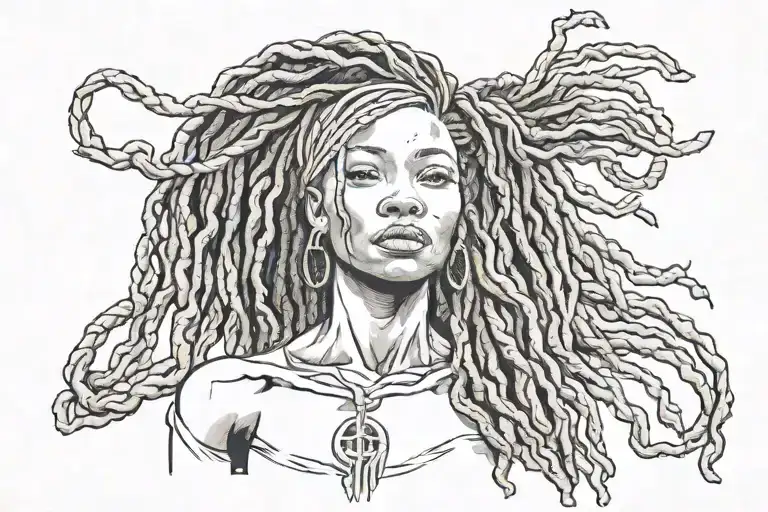African American female atlas with long dread locs that says "God bless the child that can hold his own" tattoo design idea