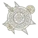 Iroh's pai sho tile surrounded by Xena's chakram with aragorn's sword across it  tattoo design idea
