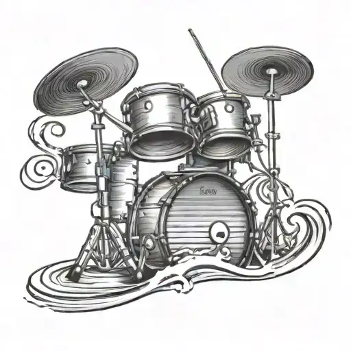 A tattoo design of a drum set on a beach with waves crashing in the background tattoo design idea