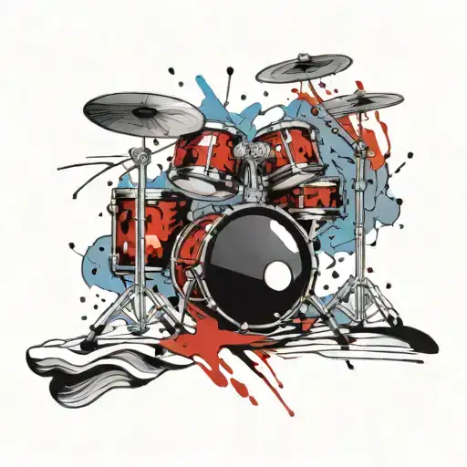 A tattoo design of a drum set on a beach with waves crashing in the background tattoo design idea