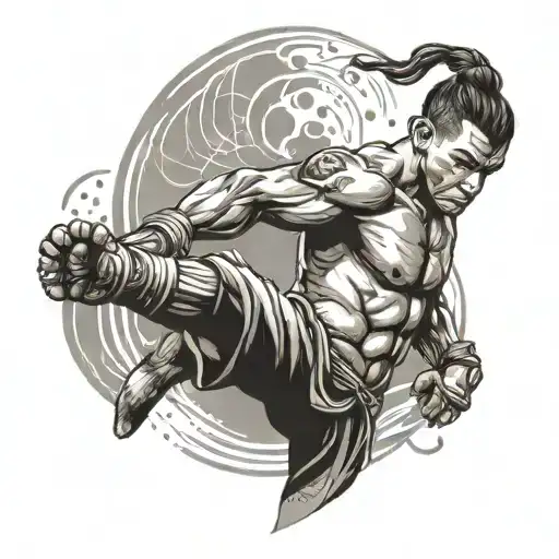 A tattoo design of a kickboxer in a meditative pose with wind and air elements swirling around them tattoo design idea