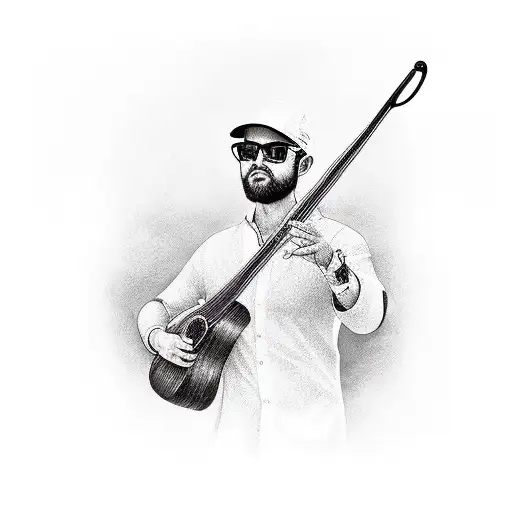 A realistic portrait of a veterinarian holding a musical instrument while paddleboarding on the ocean tattoo design idea