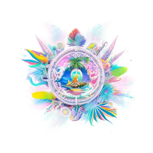 An imaginative new-school design featuring a tropical island with vibrant feathers floating in the sky, symbolizing spirituality and the love for animals tattoo design idea