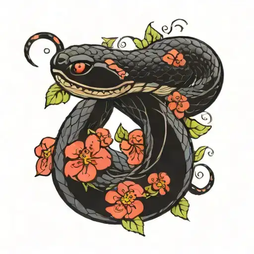 a black snake, eating himself in circle, coiled around little red flowers tattoo design idea