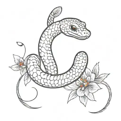 a black snake, eating himself in circle, coiled around little red flowers tattoo design idea