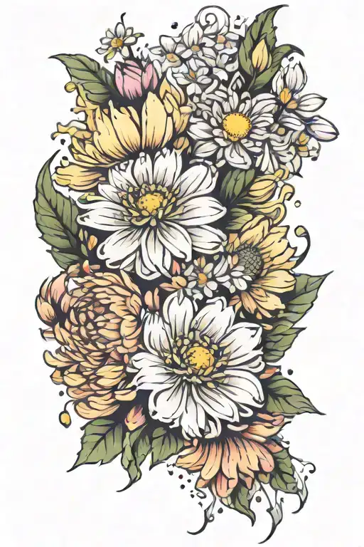 chrysanthemum and cosmos flower bouquet tattoo design idea